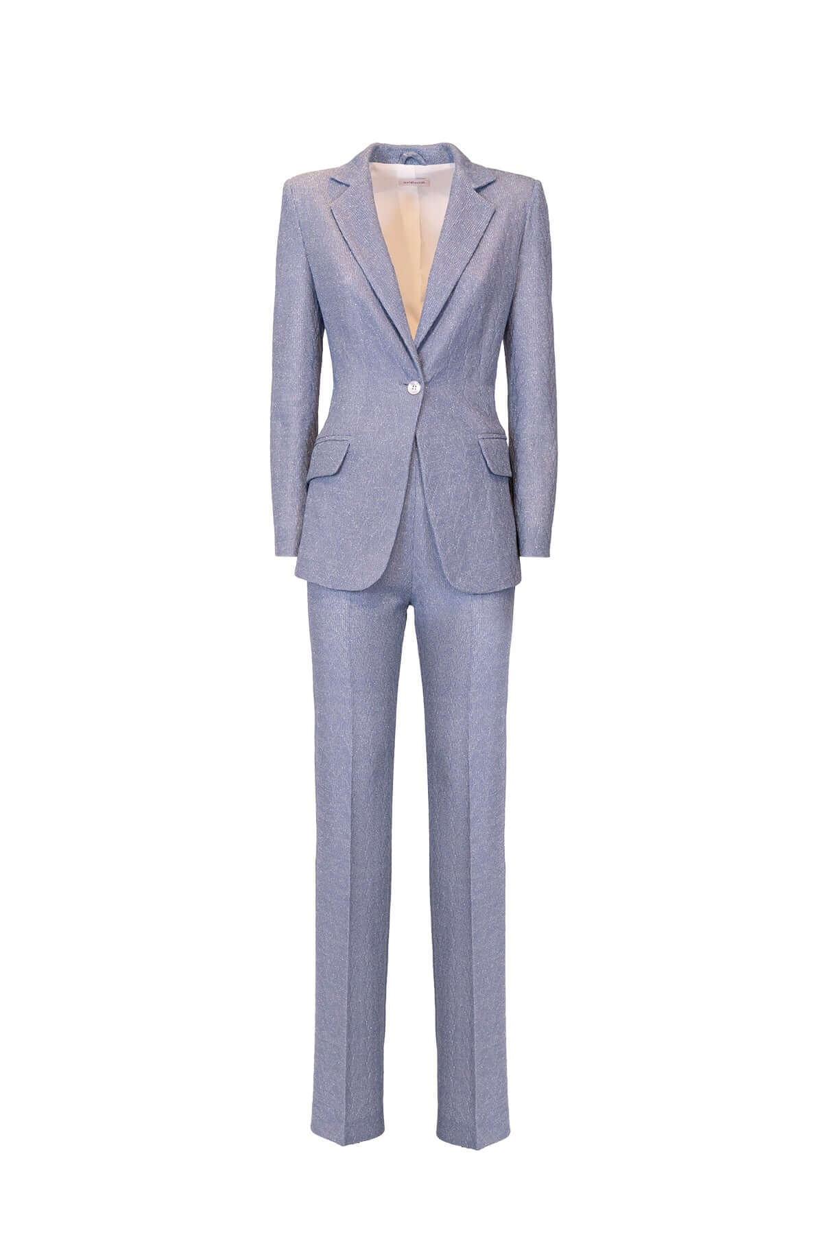 Elegant blue women's suit featuring a tailored blazer and matching trousers, perfect for professional settings.