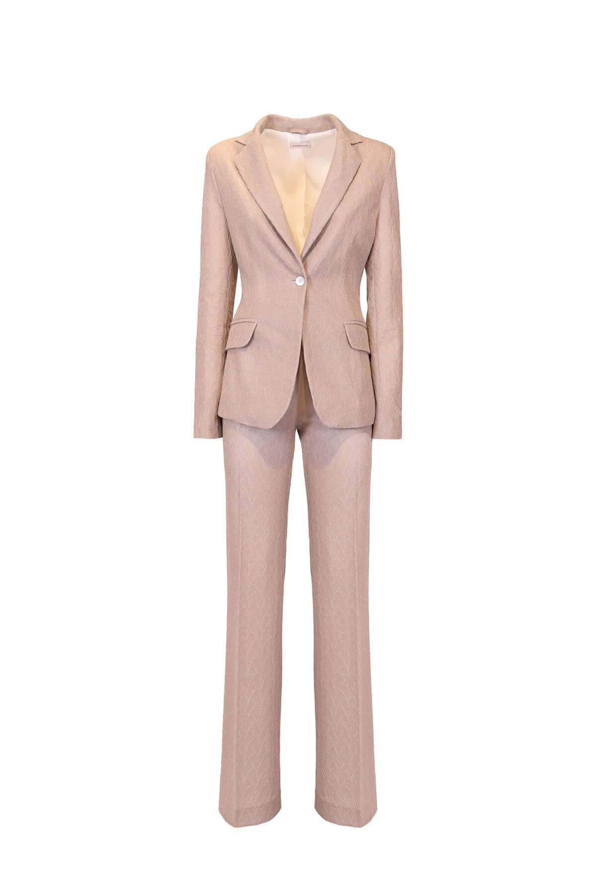 Women's elegant beige suit featuring a tailored jacket and flared trousers, perfect for professional settings.