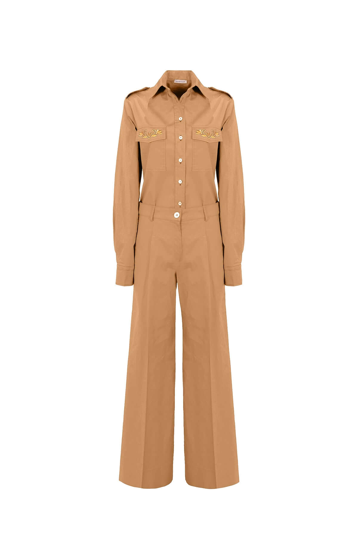 Tan shirt with embroidered pockets, long sleeves, regular fit, and matching wide-leg pants.
