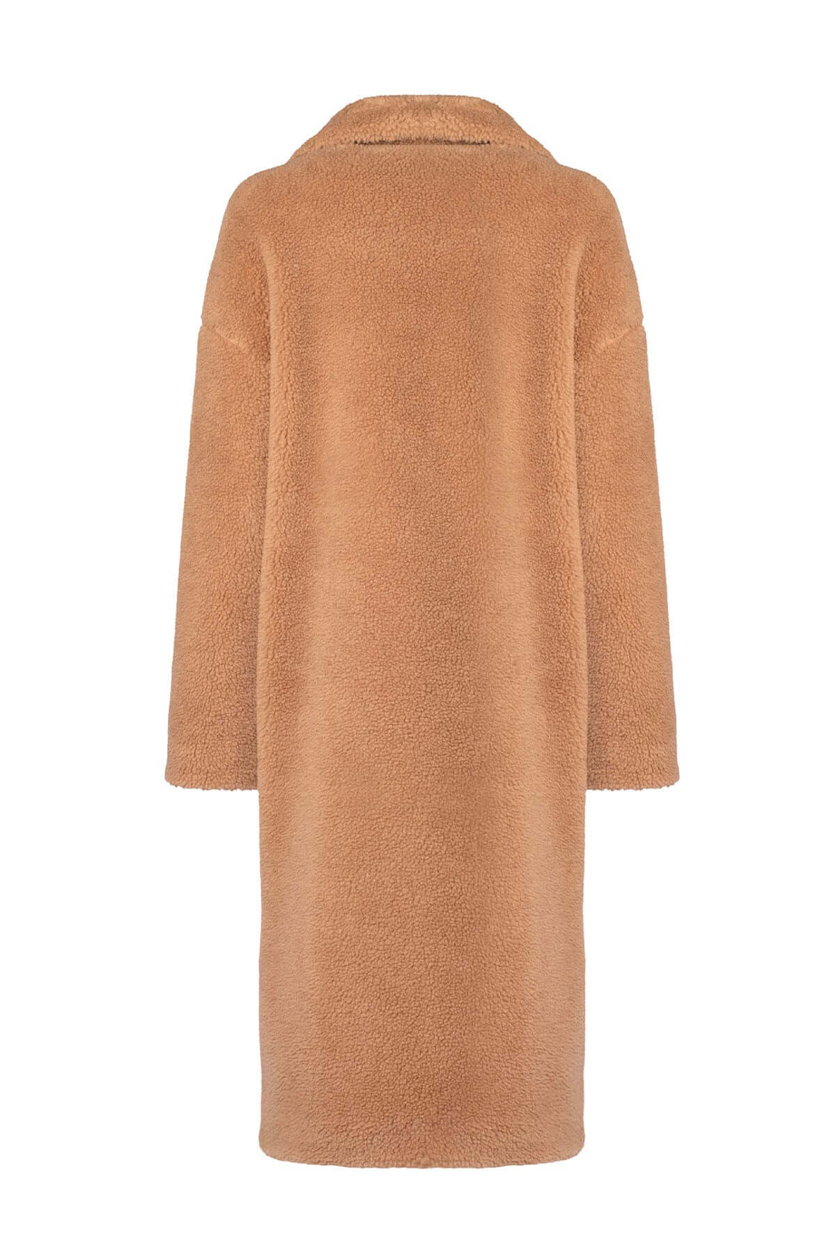 Back view of a camel and silk teddy coat with a loose fit, showcasing its cozy texture and elegant design.
