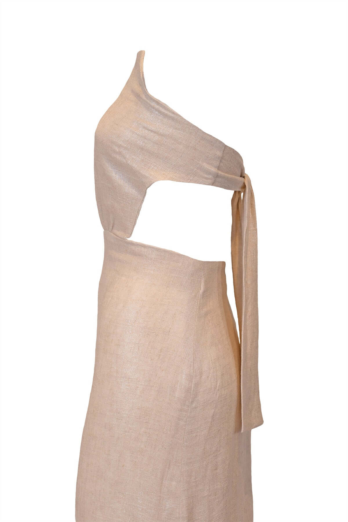 Side view of a long cut-out linen dress with back tie and wide slit, featuring a soft beige color.