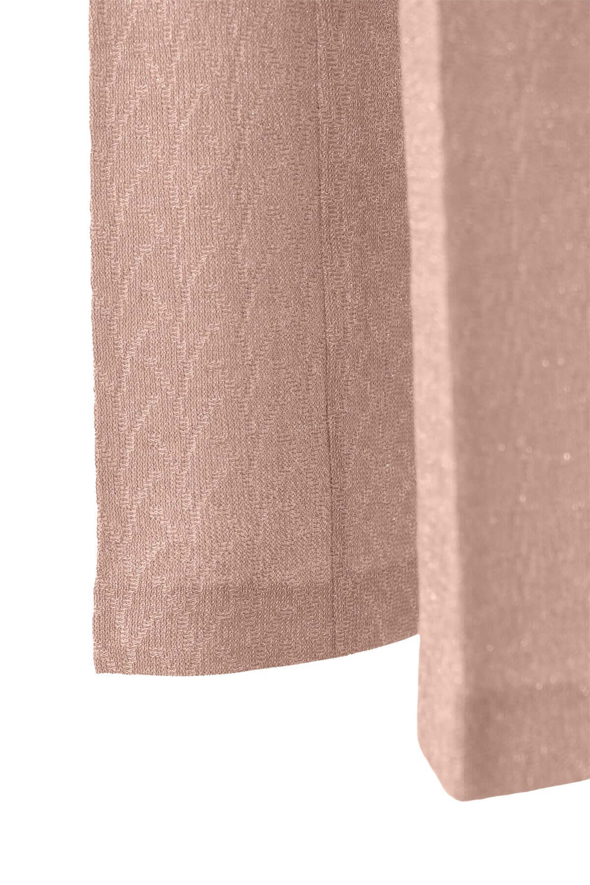 Close-up of a pink lurex jacquard fabric texture showcasing a high-waisted pant design.