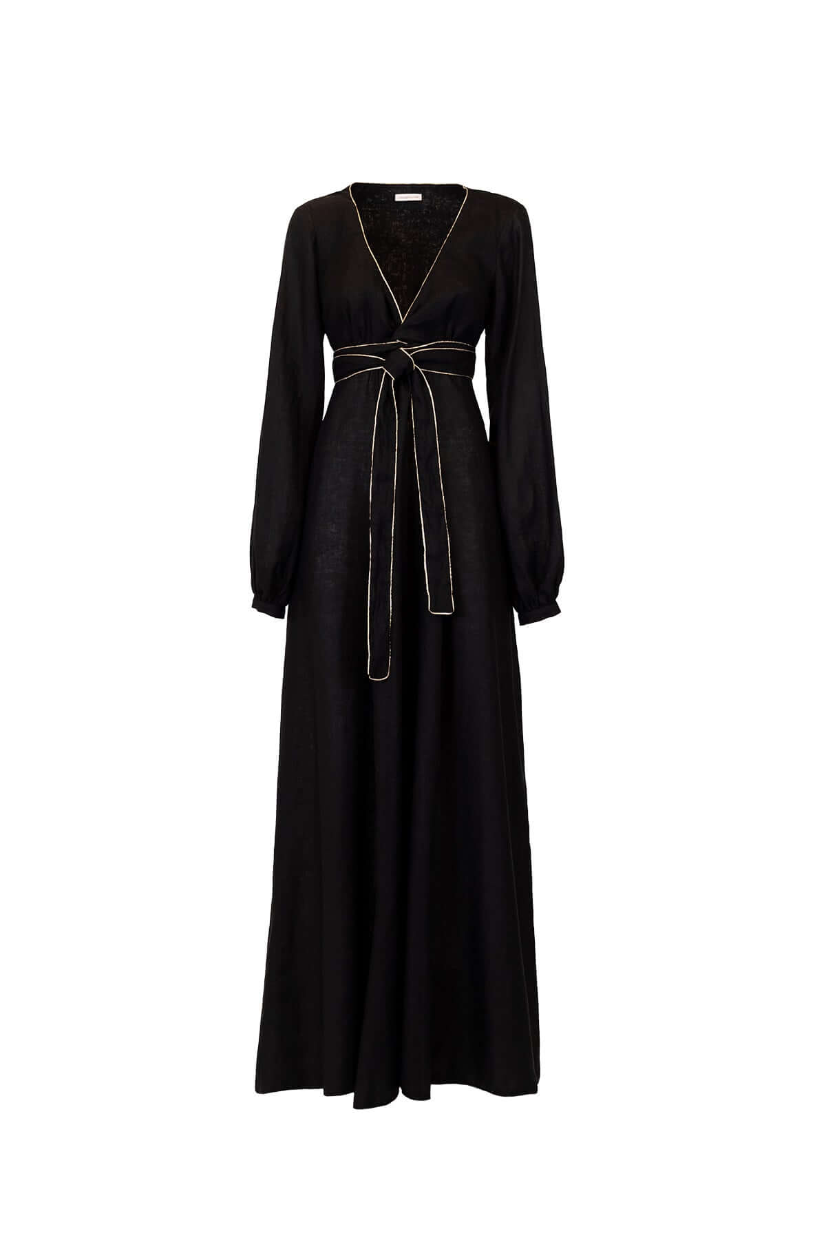 Long black linen dress with V-neck, puff sleeves, and gold piping detail.