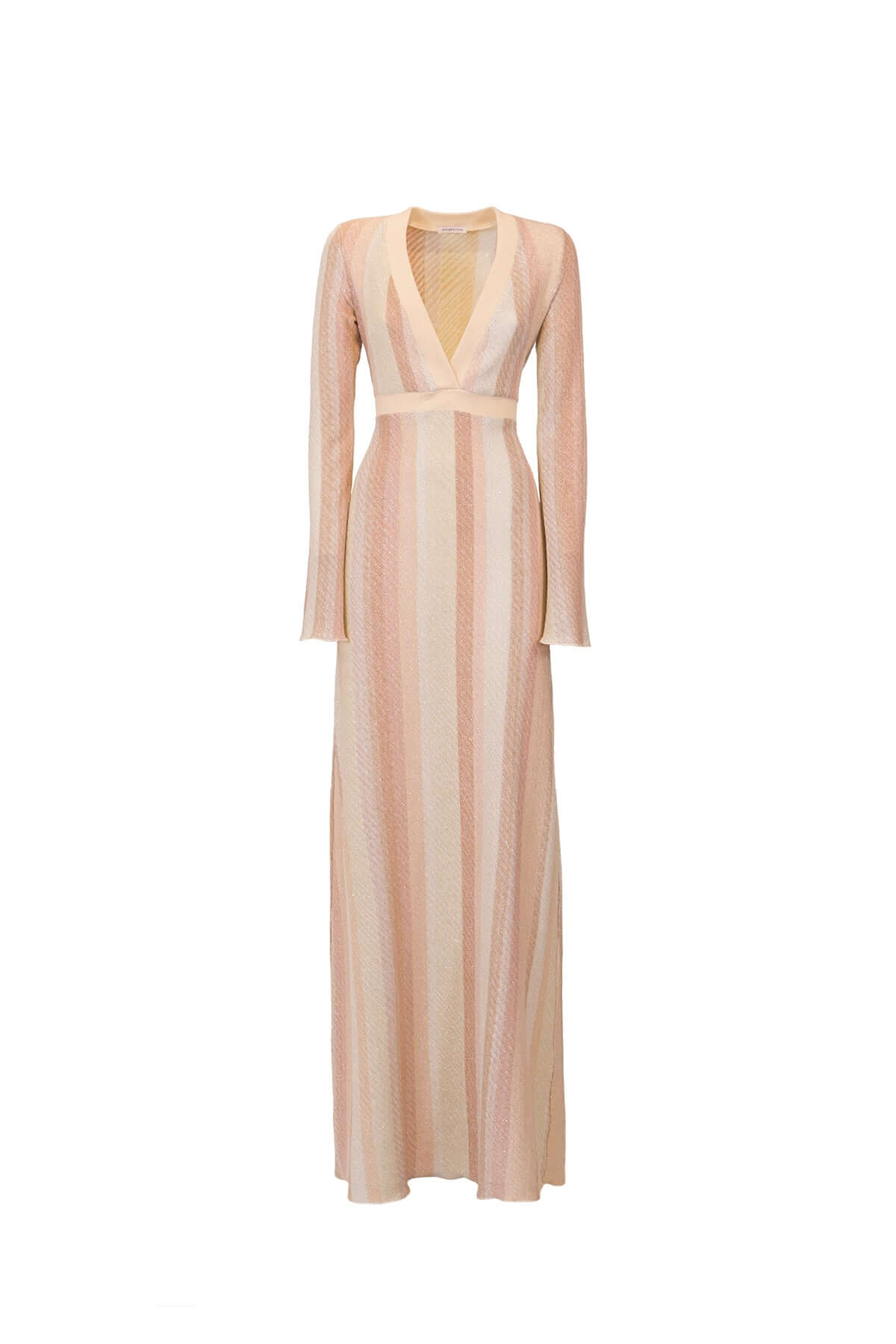 Lurex long dress with V-neck, flared bottom, and trumpet sleeves in soft pastel stripes.