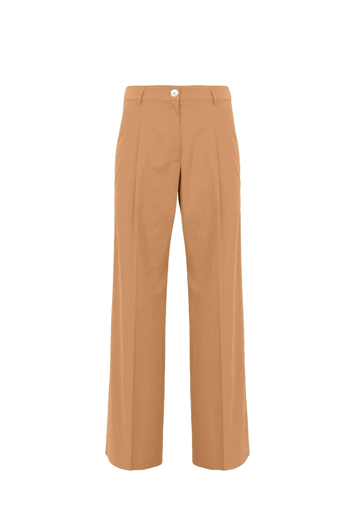 Wide cotton pants with front pleats and side piping in a warm tan color, made in Italy.