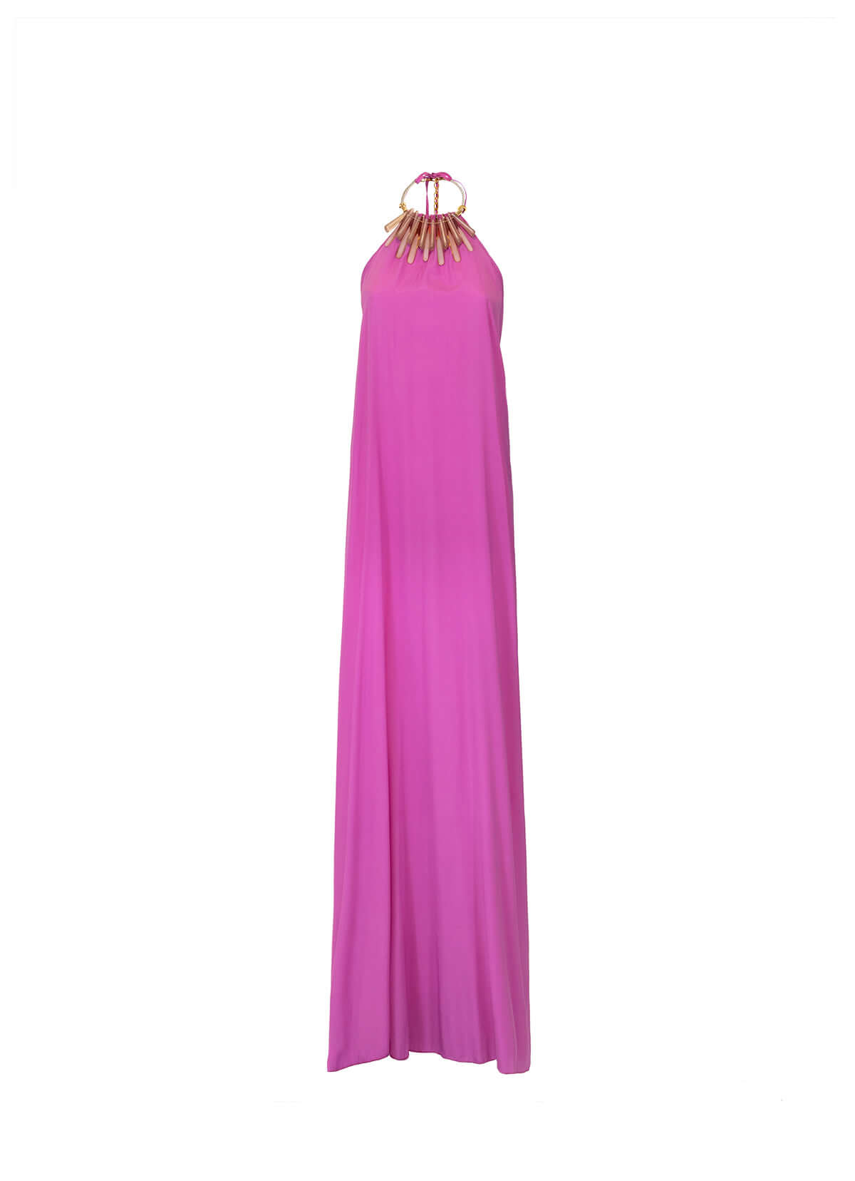 Long pink silk dress with open back and unique neck detail.