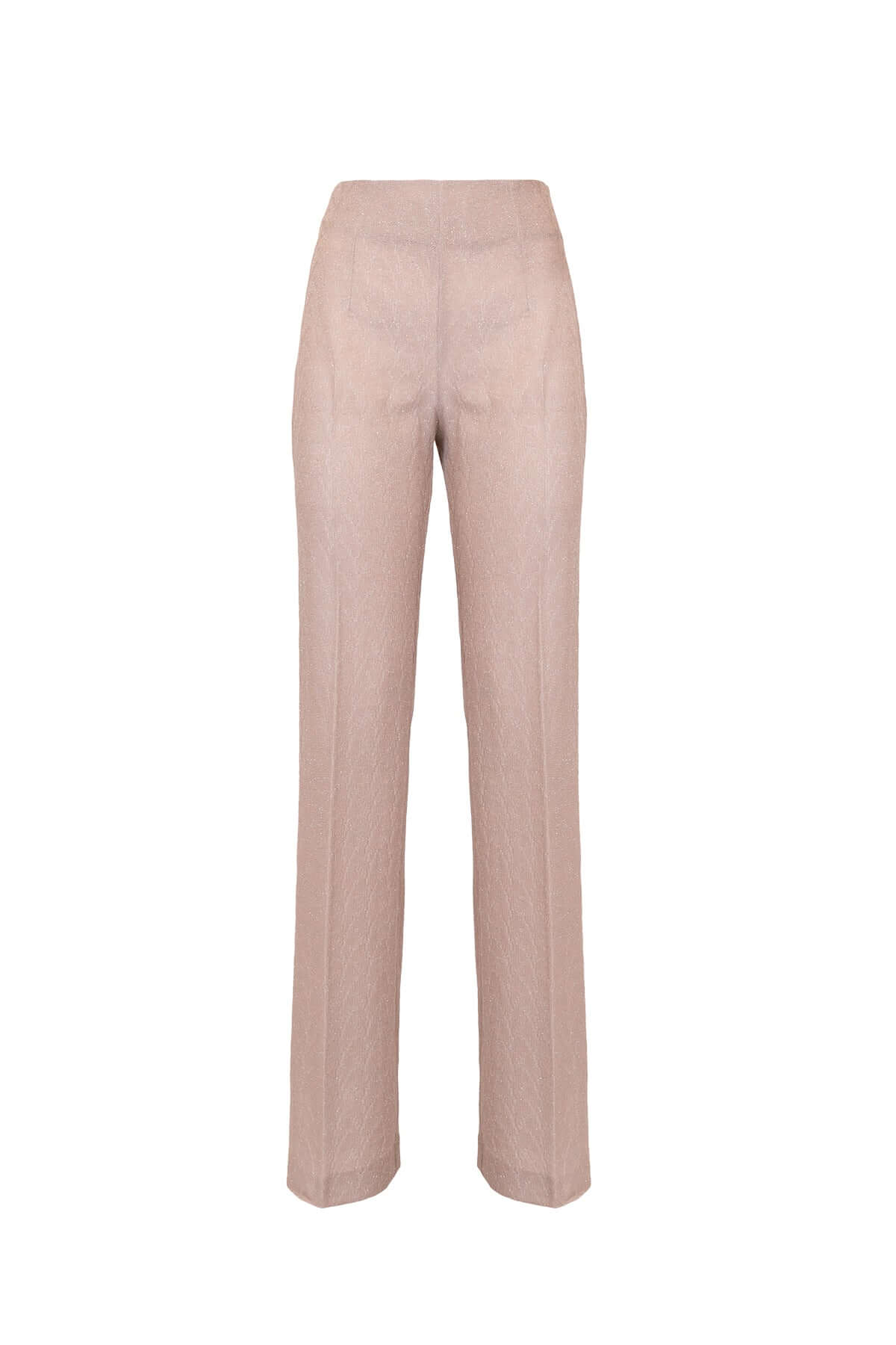 Pantalone svasato in maglia jacquard lurex, modello a vita alta, colore chiaro, con chiusura laterale a zip.