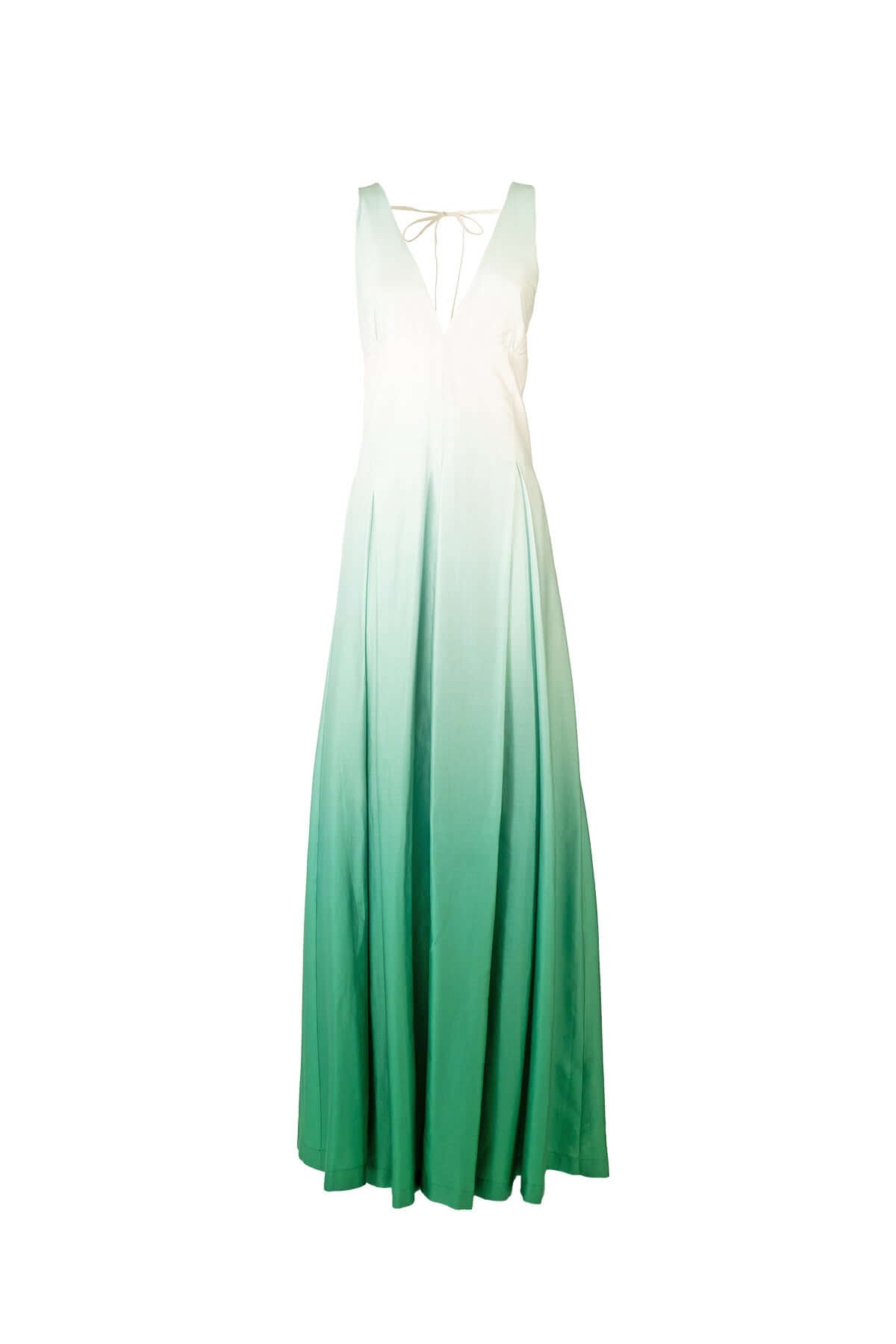 Lungo abito degradé in cotone verde con scollo a V e gonna ampia, made in Italy.