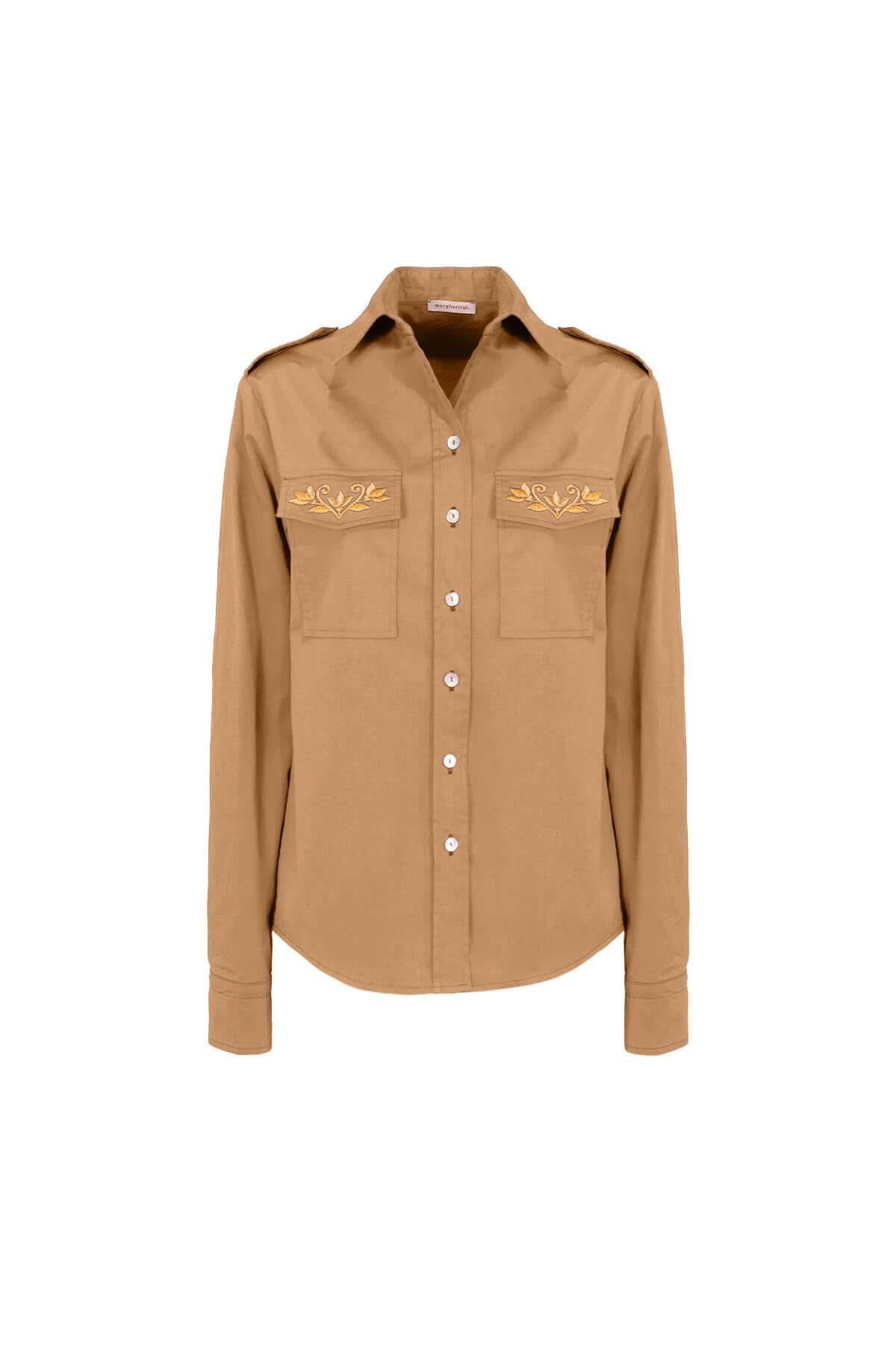 Brown long-sleeve shirt with embroidered pockets and epaulettes, regular fit, made in Italy.