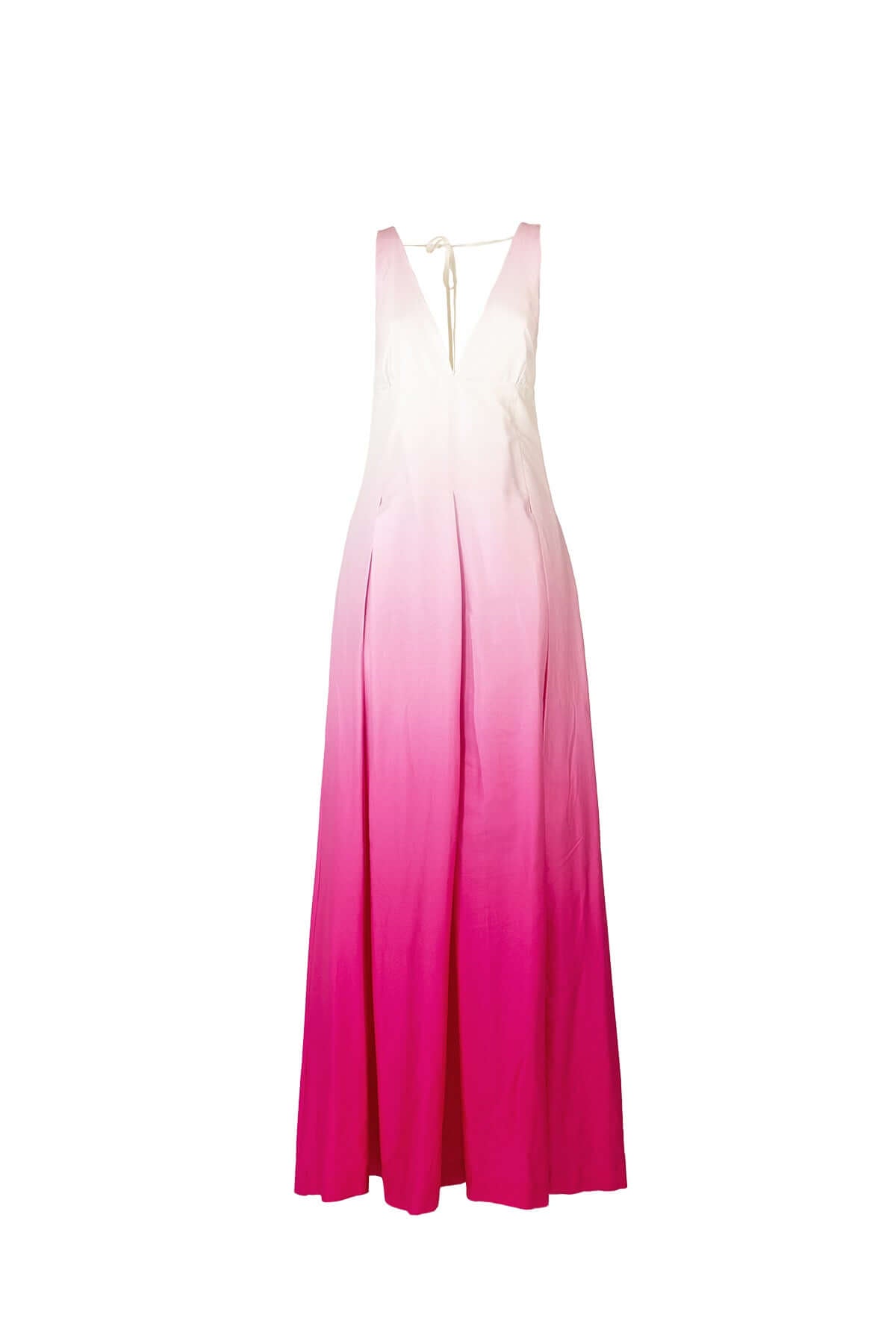 Long degradé cotton dress with V-neck, sleeveless design, and wide skirt in pink tones, made in Italy.