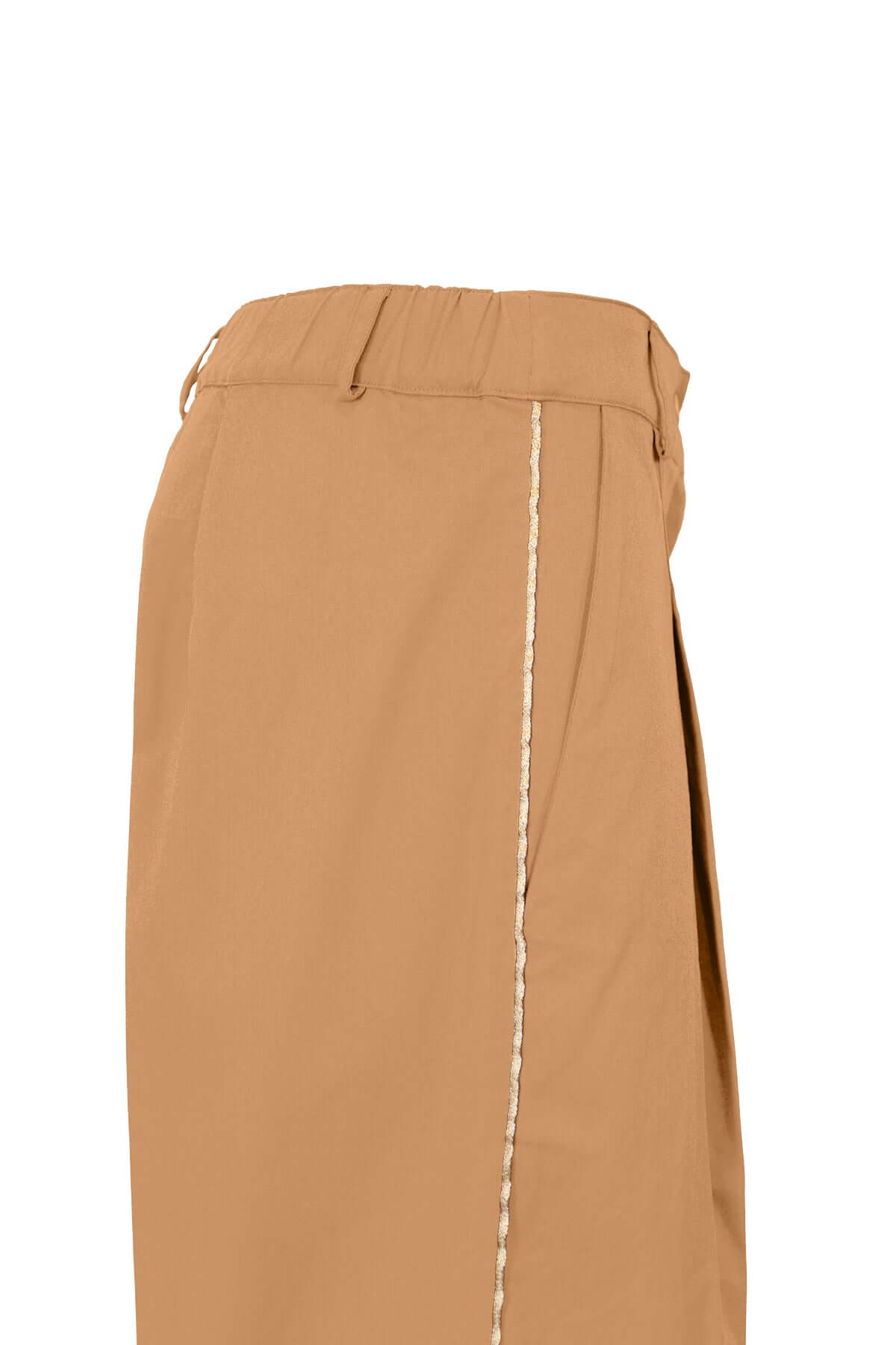 Side view of a wide cotton pant featuring front pleats and contrasting piping.
