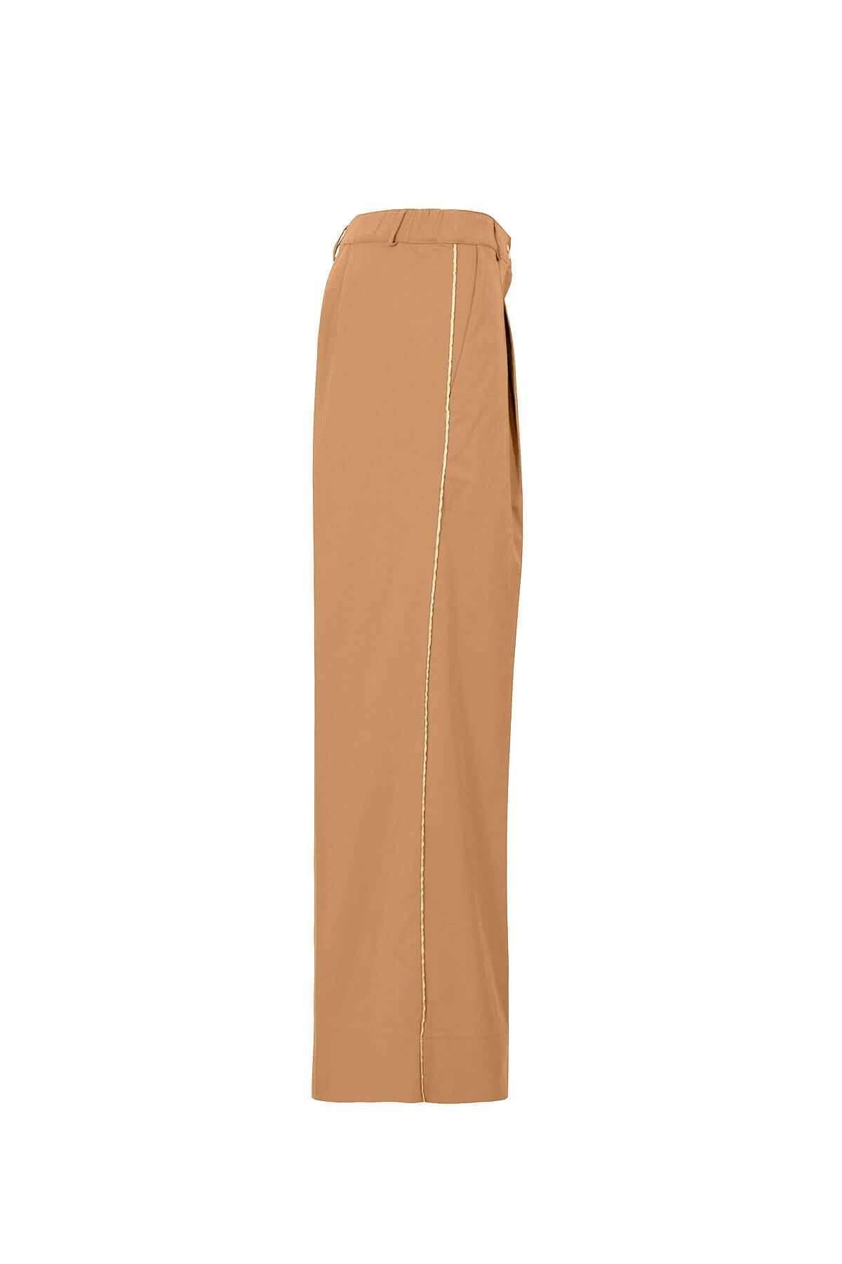 Ampio pantalone in cotone con pieghe e piping, colore beige, vista laterale.