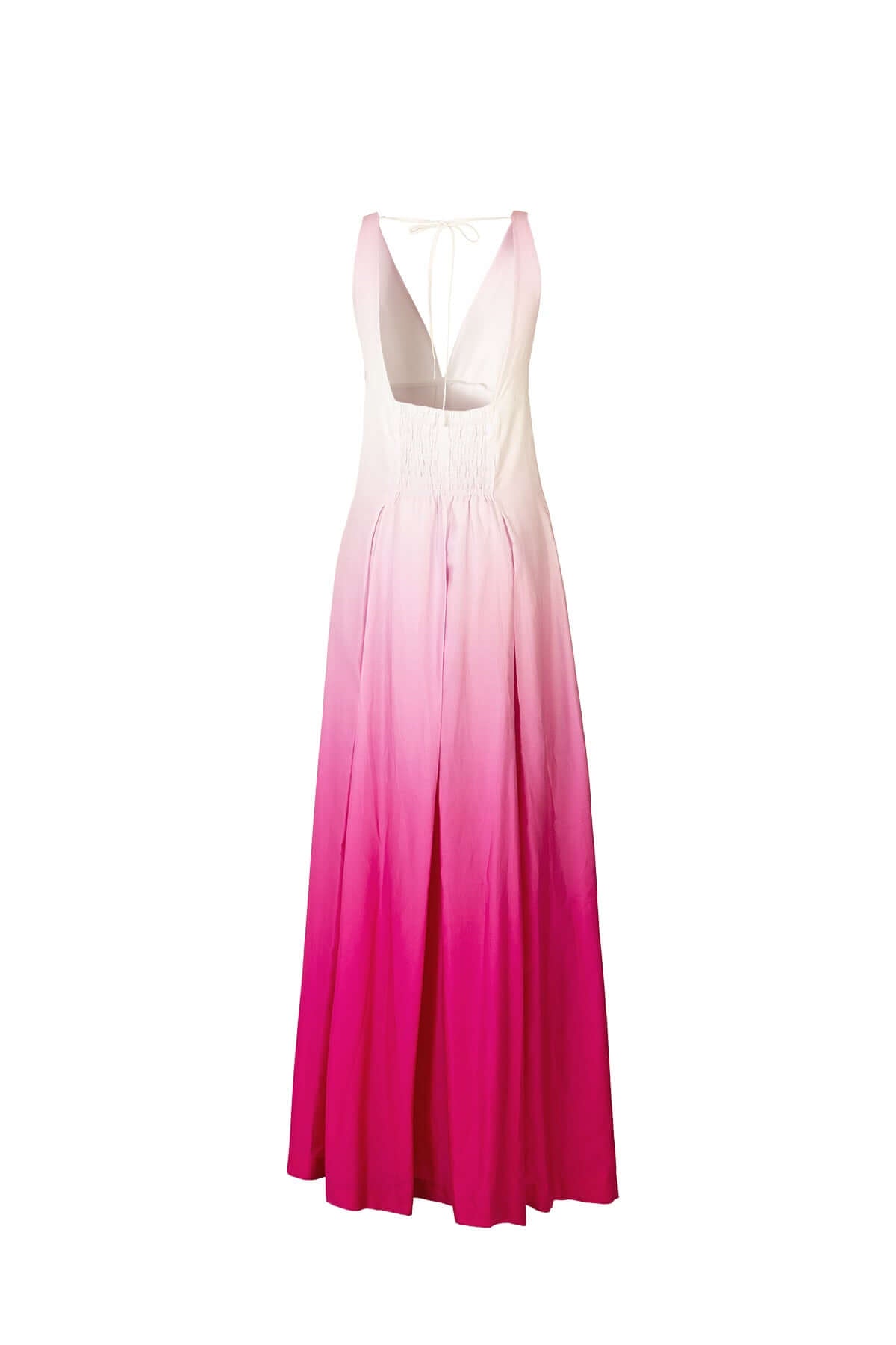 Long cotton dress in pink ombre with V-neck front and back, featuring a smock embroidery detail.