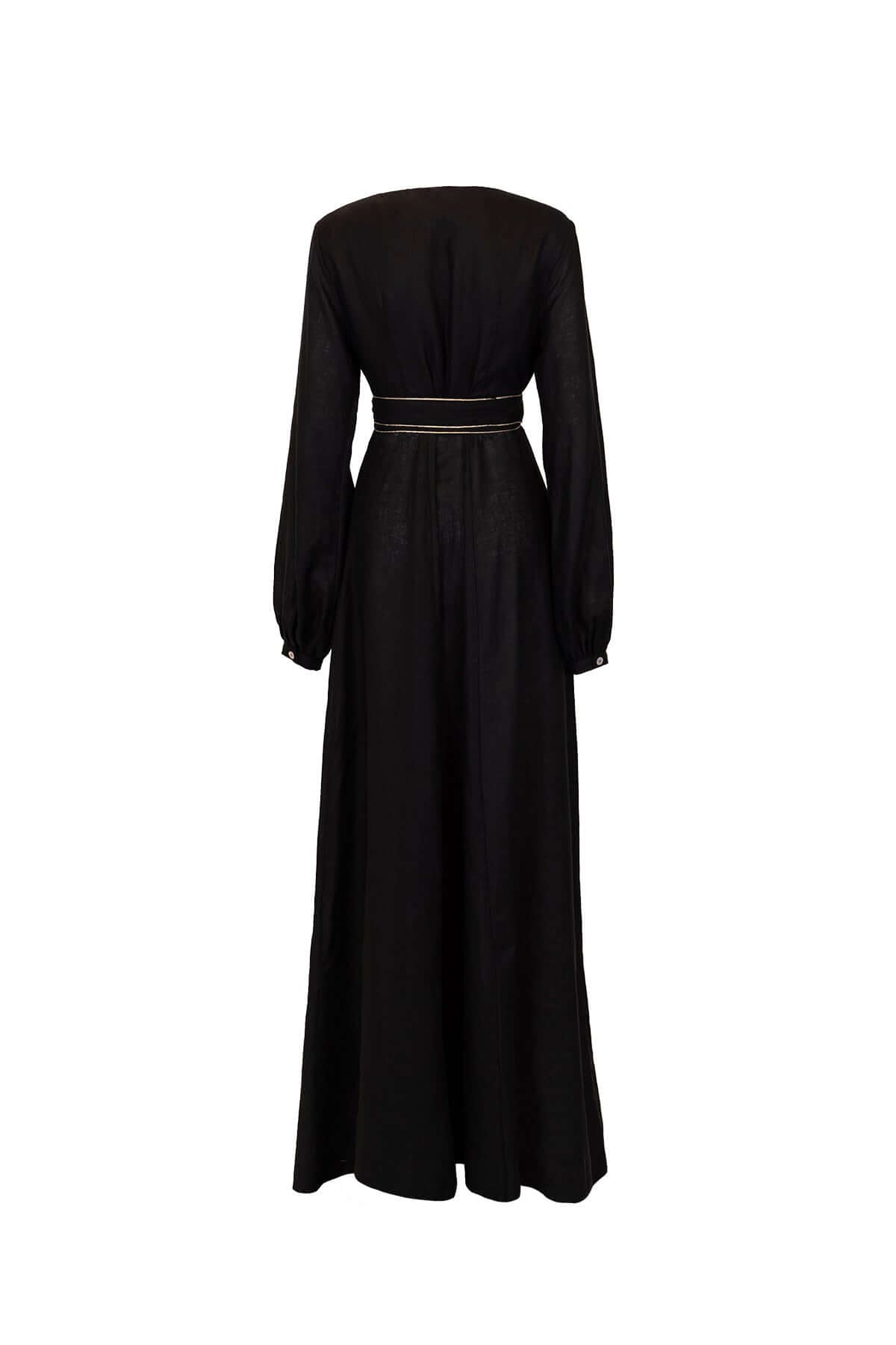 Back view of a long black linen dress with puff sleeves and a gold piped belt detail, elegant and stylish.