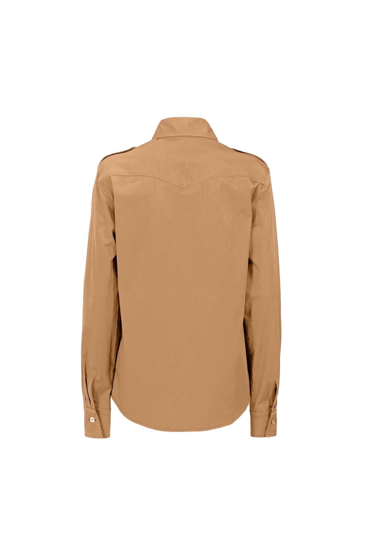 Back view of a tan long-sleeve shirt with a collar and shoulder epaulets.