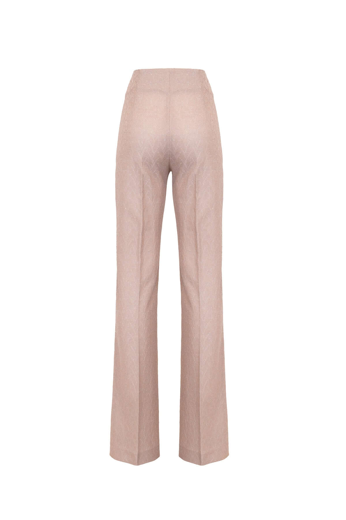 Back view of high-waisted lurex jacquard flared pants in a soft beige color.