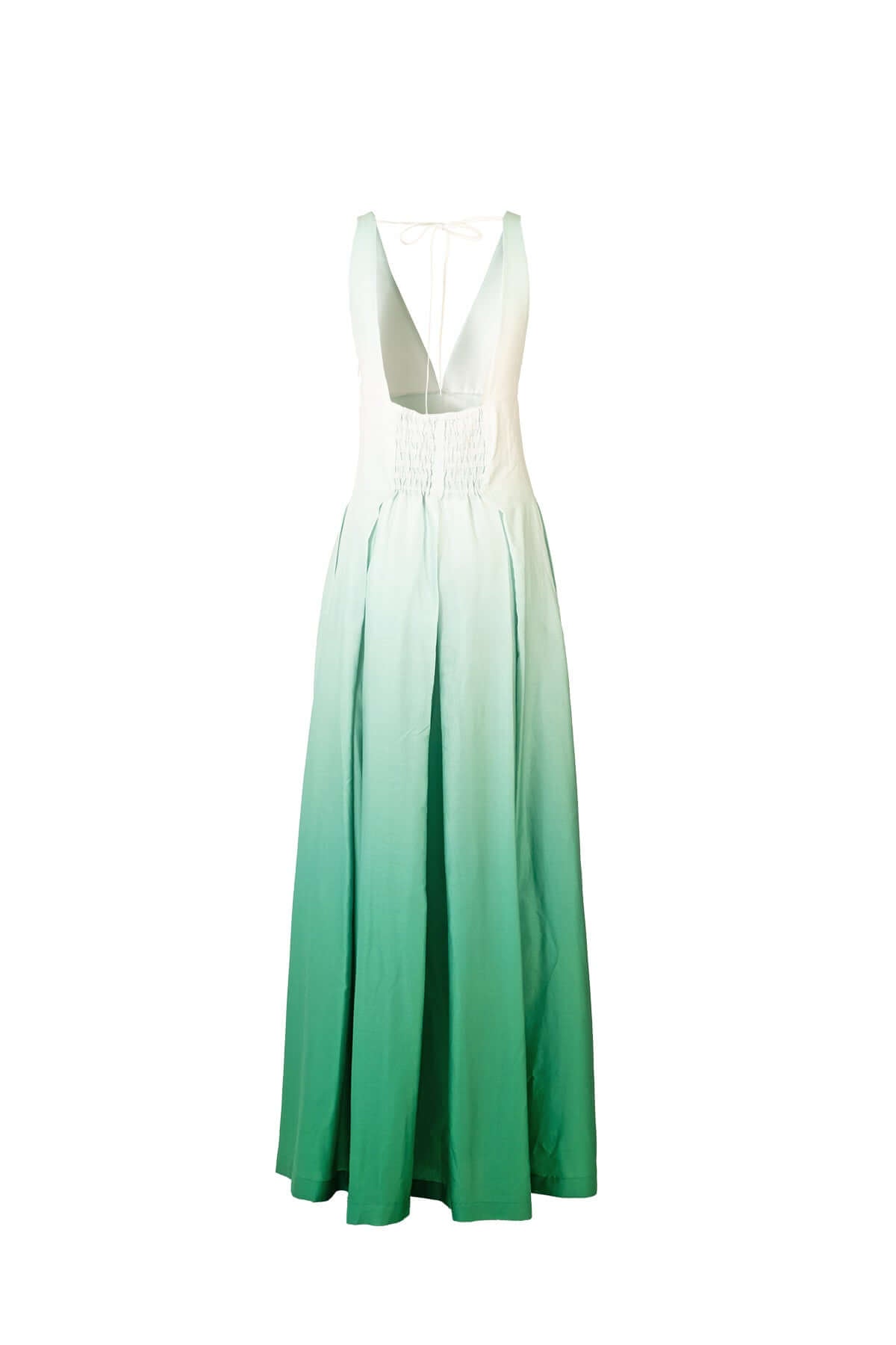 Long pure cotton dress with a v-neck and gradient green color, featuring a smock-embellished bodice.