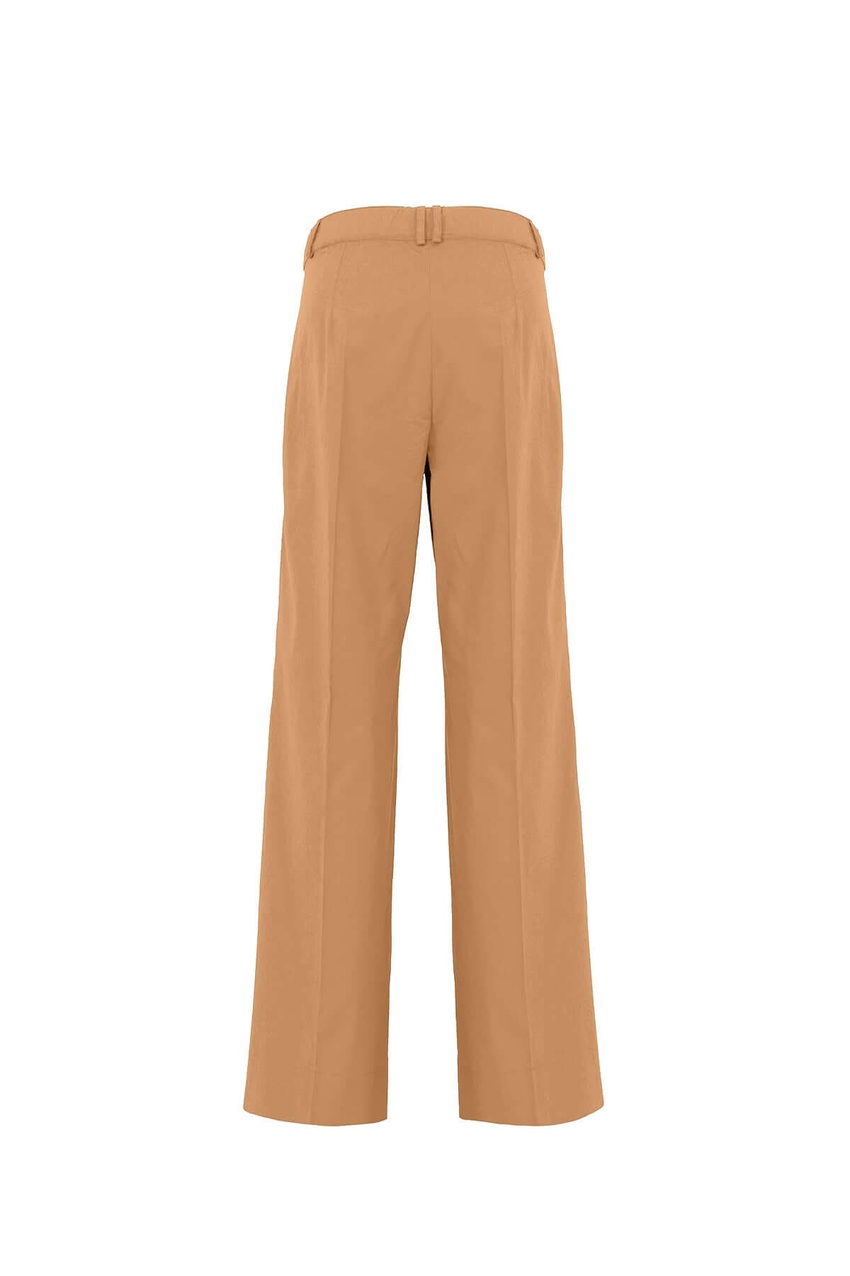 Wide-leg cotton trousers in tan with pleats and belt at the back, made in Italy.