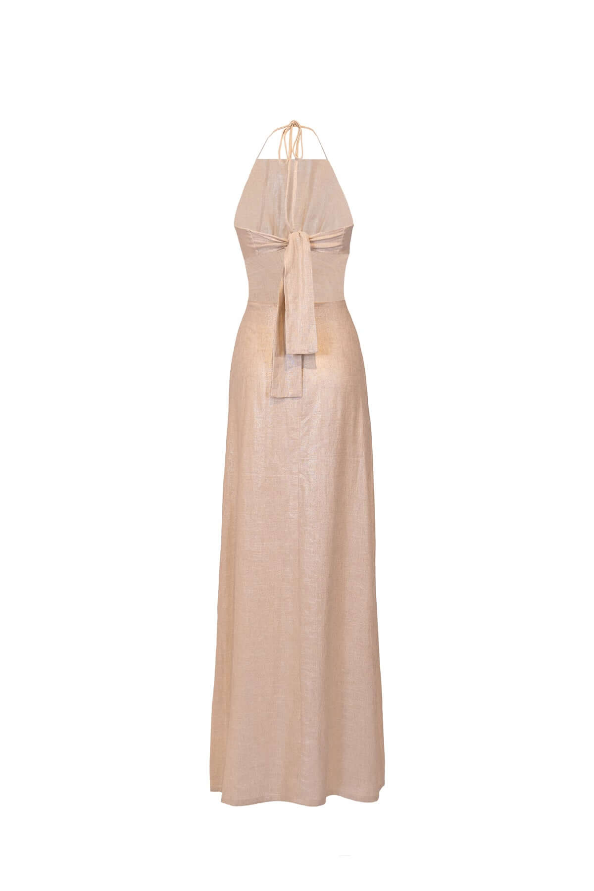 Lino dress cut-out back with tie detail and long slit, made in Italy, elegant beige design.
