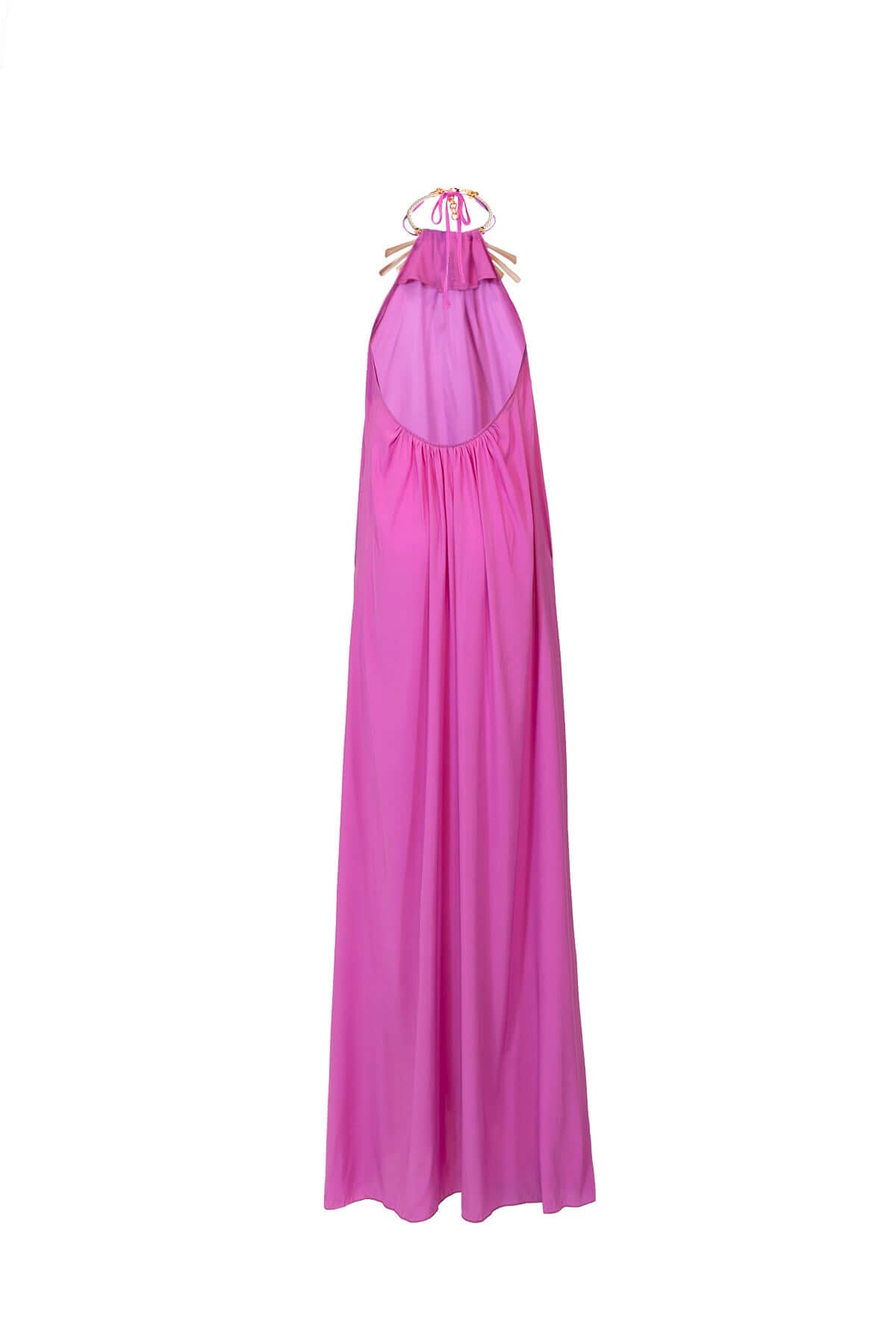 Long pink silk American dress with open back and halter neckline, showcasing elegant draping.