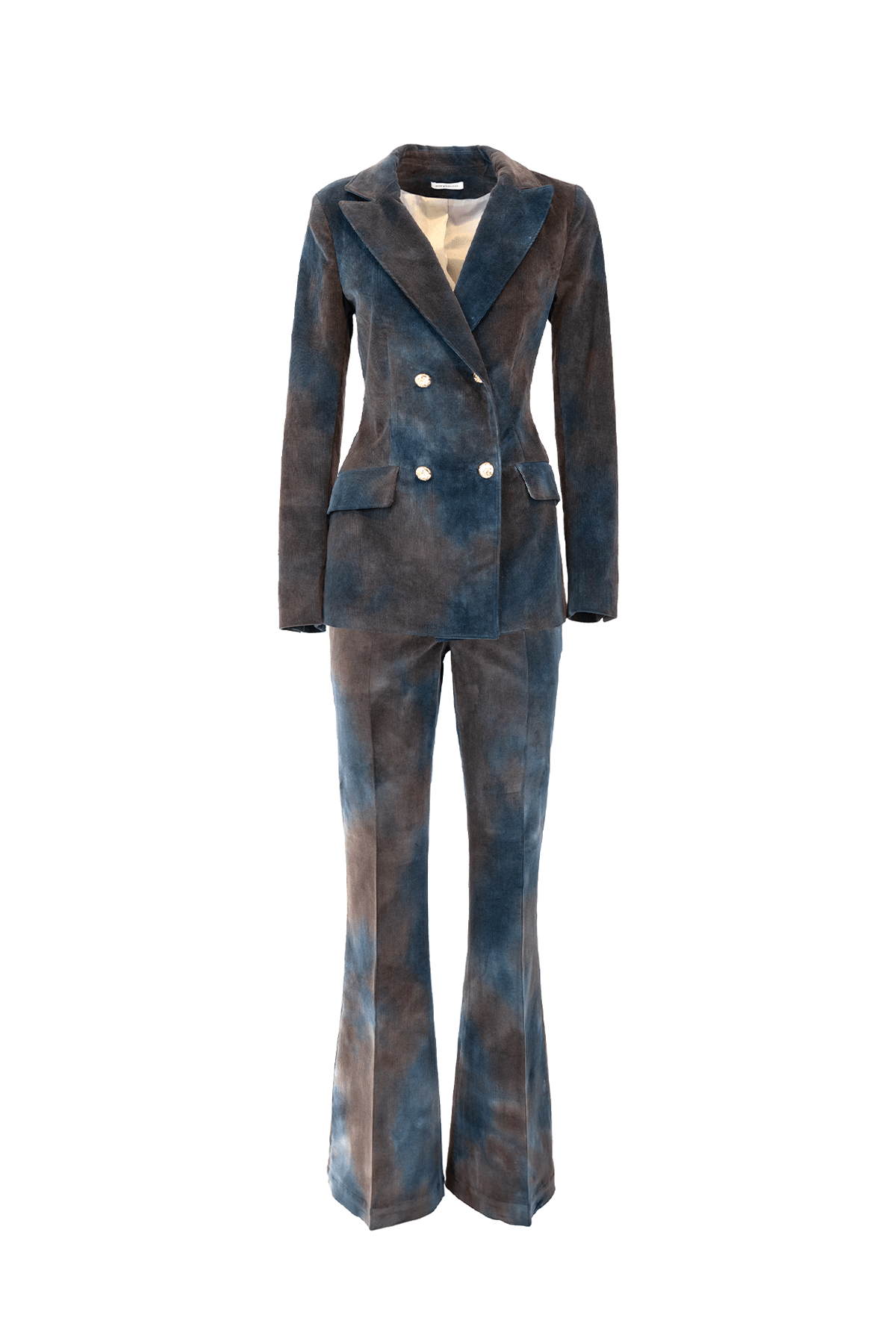 Elegant velvet flared trousers with matching blazer in blue and brown hues, showcasing refined style and feminine silhouette.