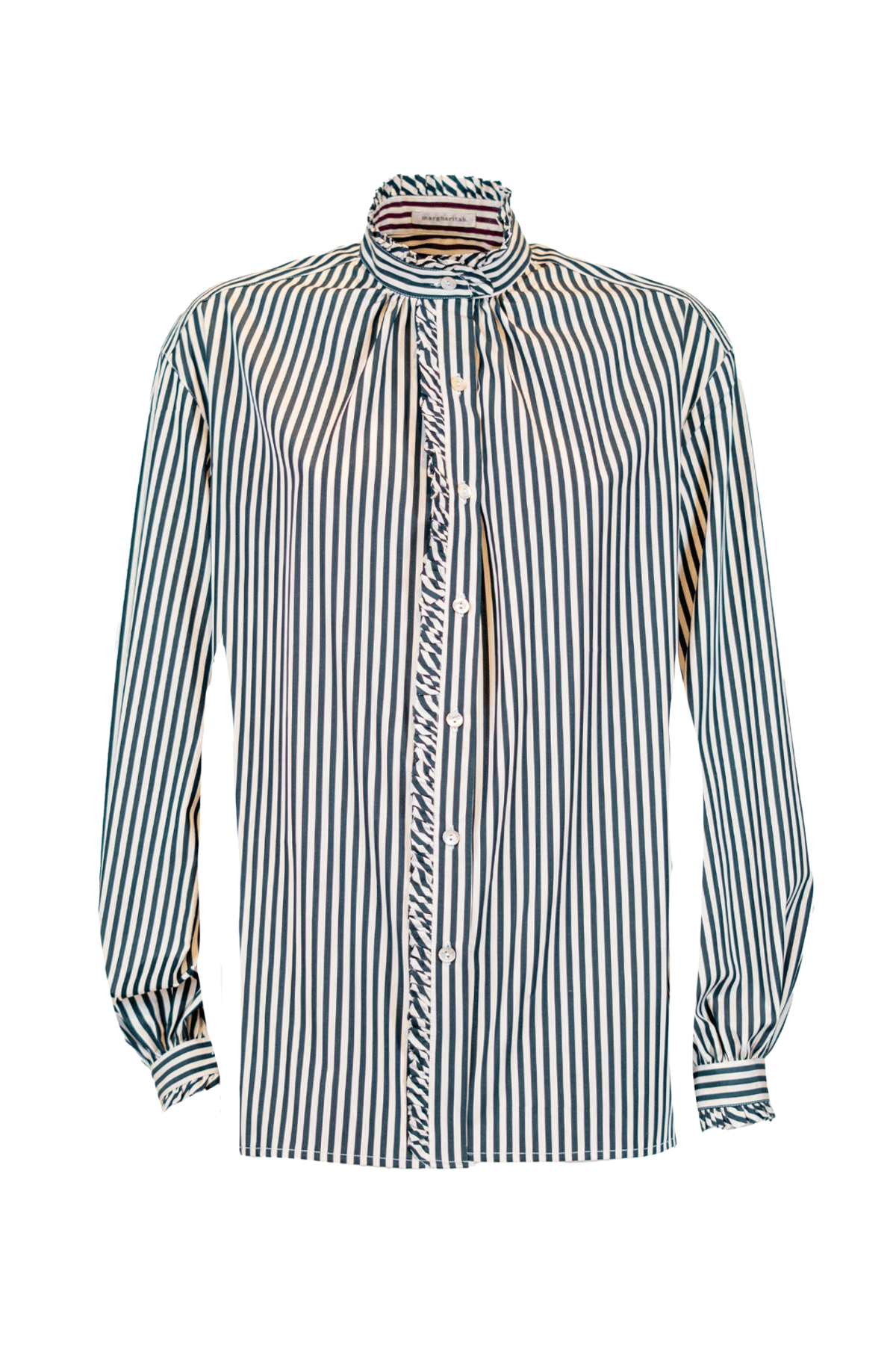 Camicetta coreana a righe in cotone, con dettagli arricciati e rouche per un look elegante e femminile.