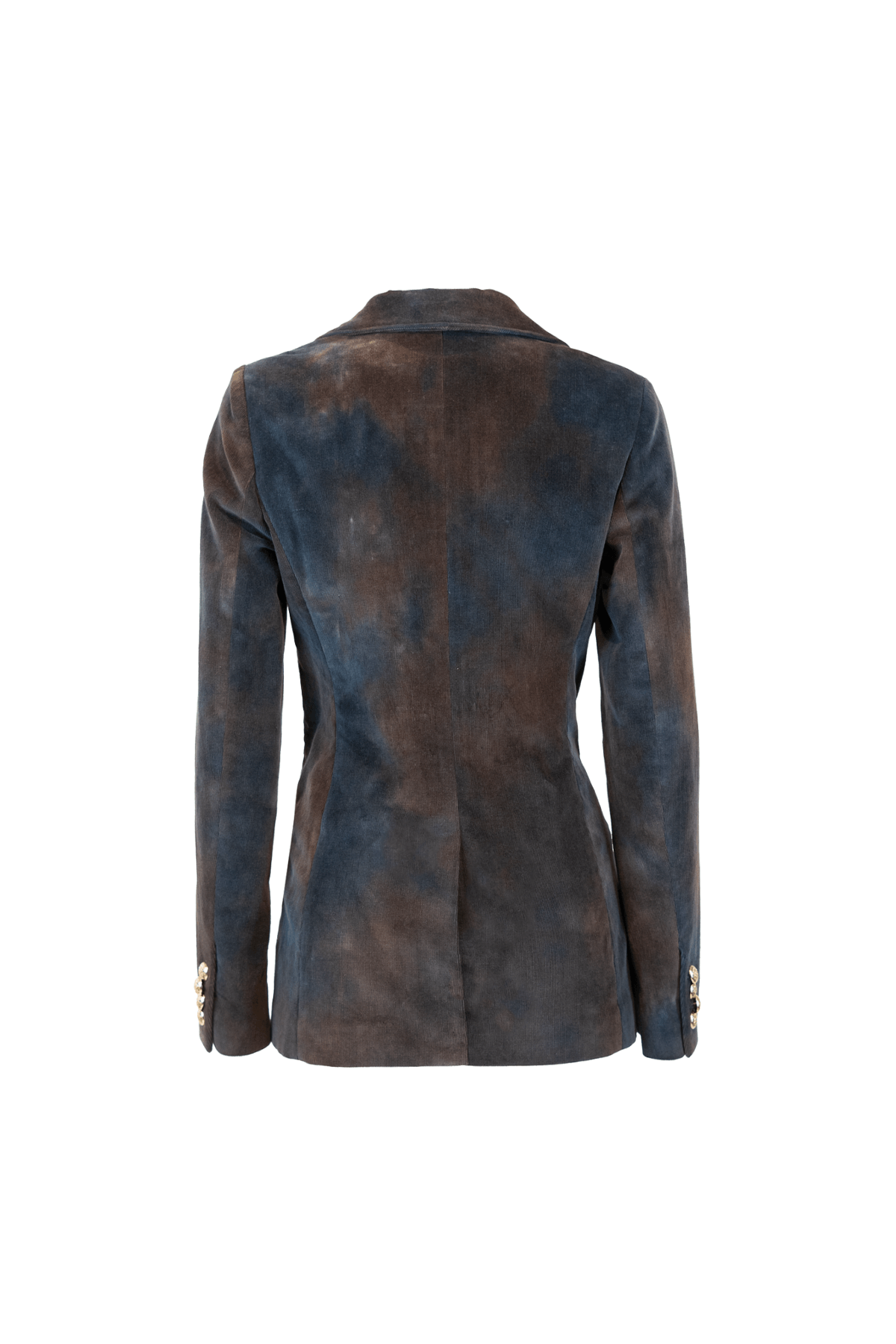 Back view of a double-breasted velvet striped jacket in blue and brown tones, showcasing elegant tailoring.