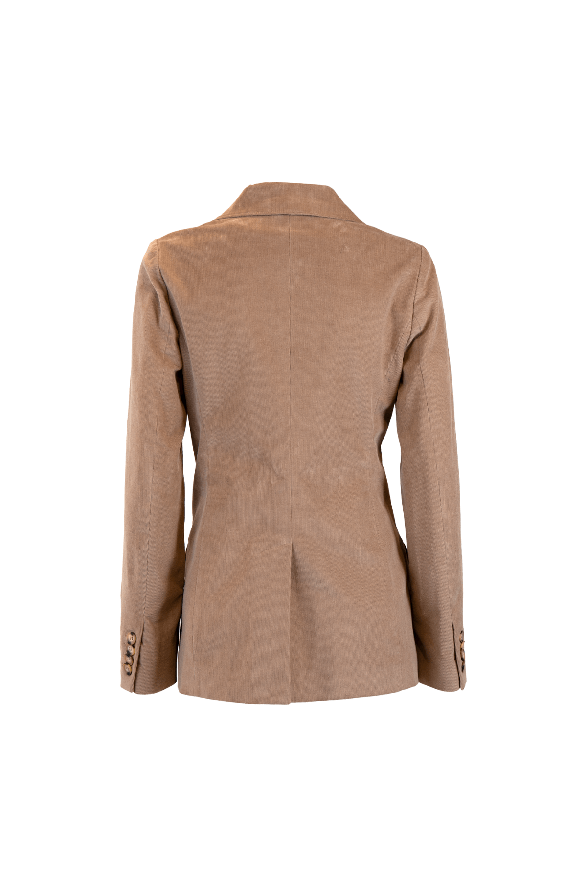 Back view of a brown double-breasted velvet jacket with tailored design and elegant finish.