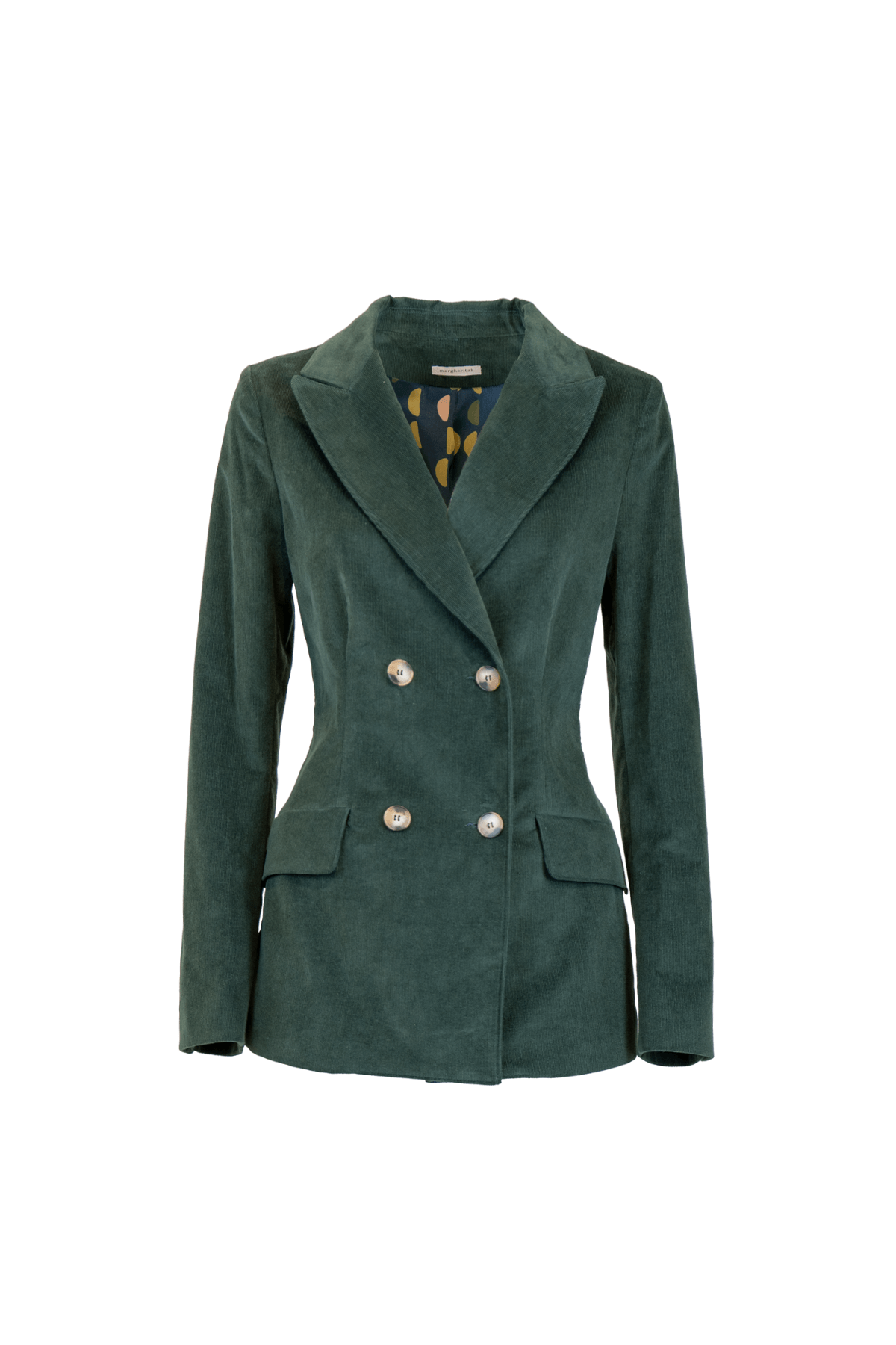 Elegante giacca doppiopetto in velluto millerighe verde, con bottoni metallici e taglio sartoriale raffinato.
