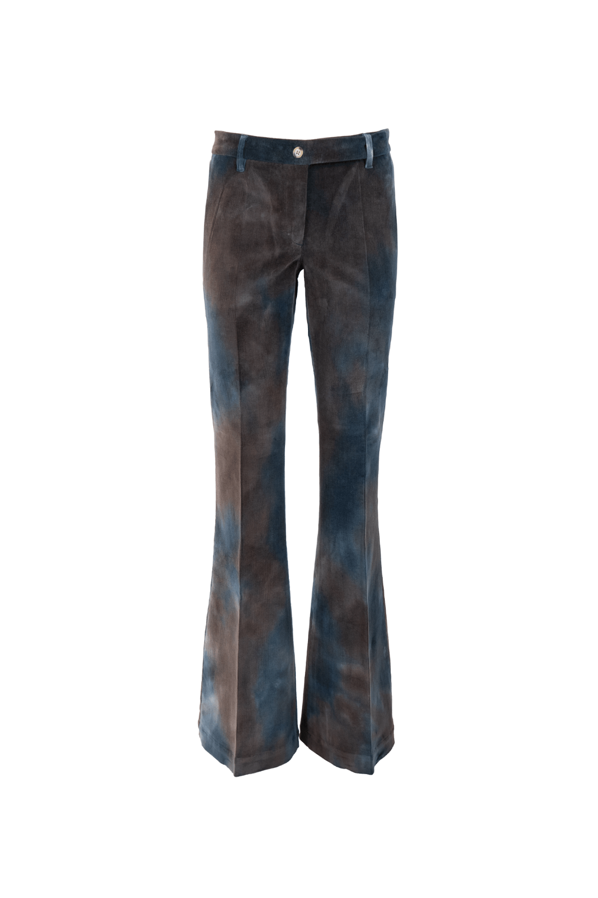 Pantaloni a zampa in velluto millerighe, caratterizzati da una texture ricca e colori sfumati.