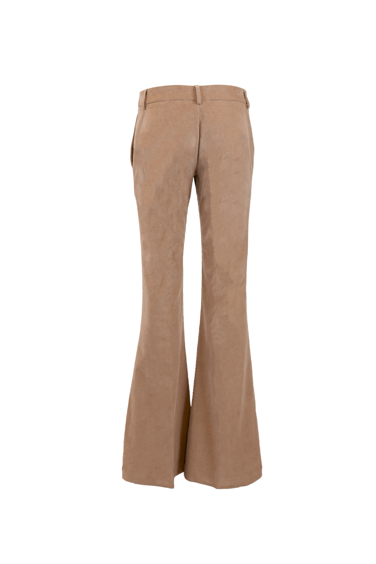 Rear view of flared corduroy pants in a warm beige color, highlighting a streamlined silhouette and elegant design.
