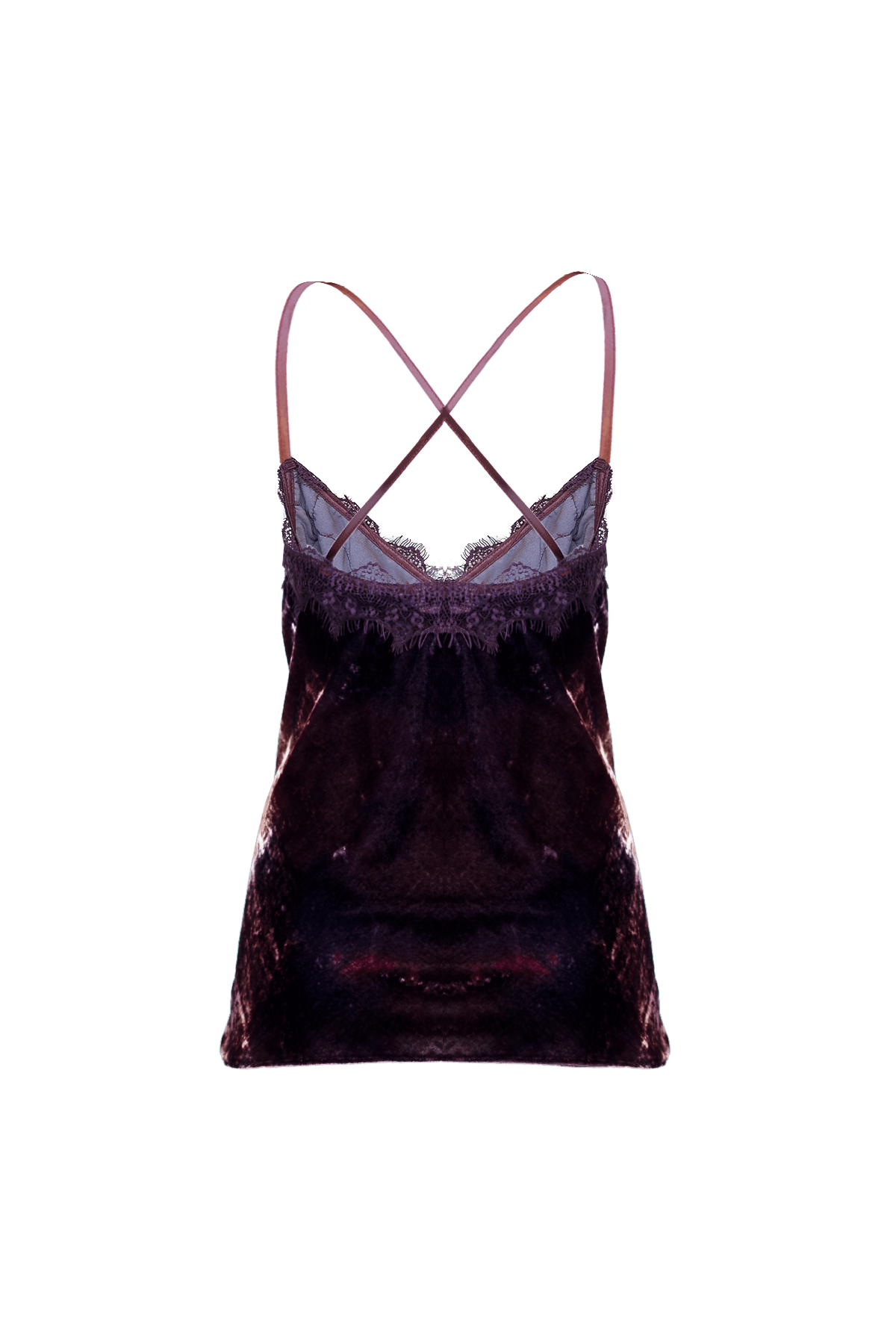 Elegant velvet slip top with lace inserts and crisscross straps, perfect for layering or wearing solo.